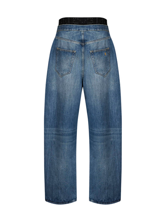 Blue cotton denim double waistband jeans