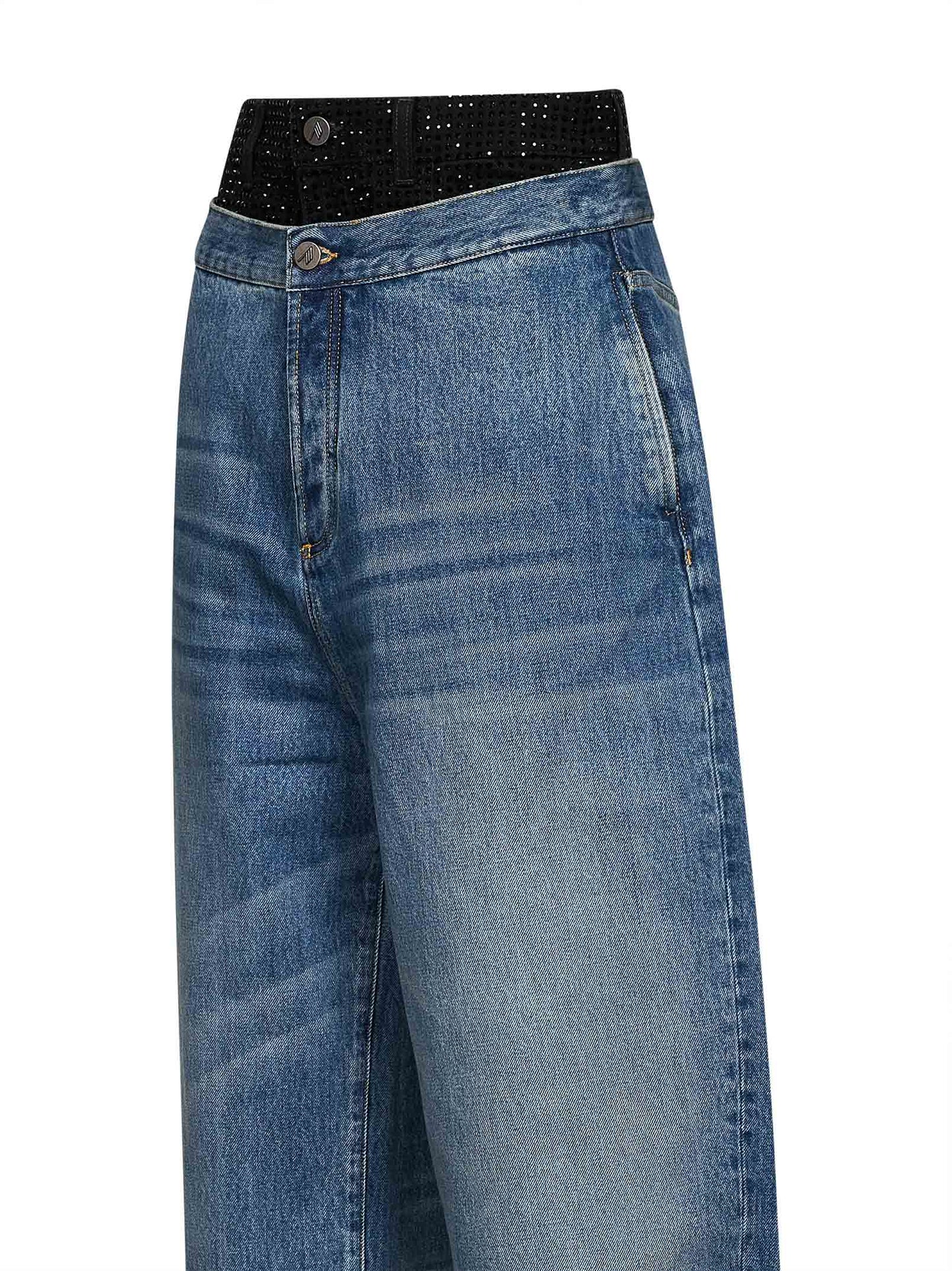 Blue cotton denim double waistband jeans