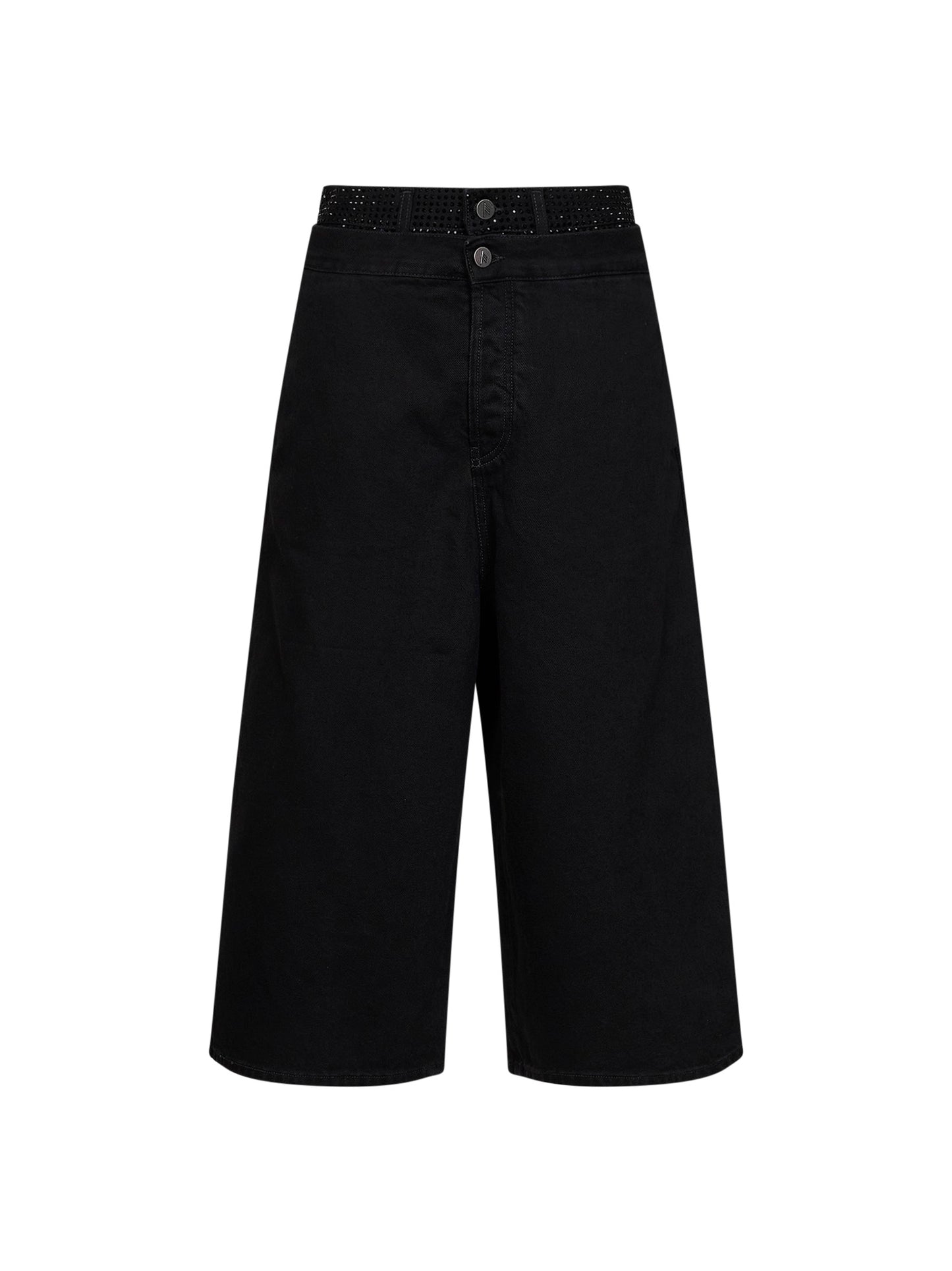 Black cotton denim double waistband cropped jeans