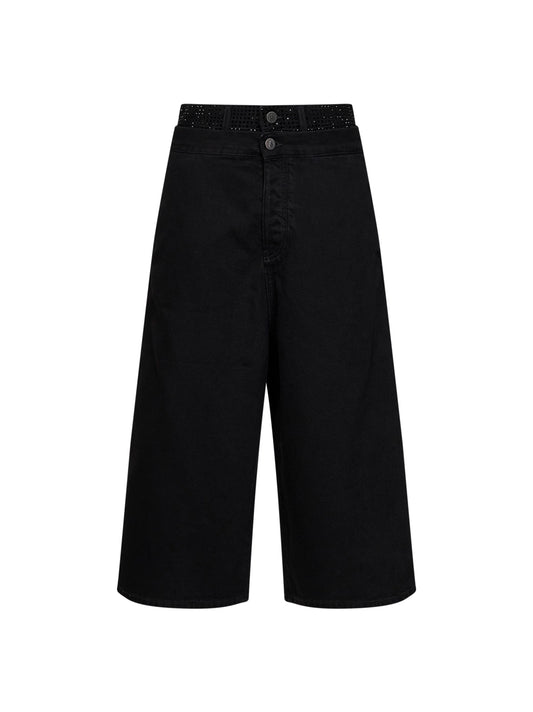Jeans crop con doppia vita in denim di cotone nero