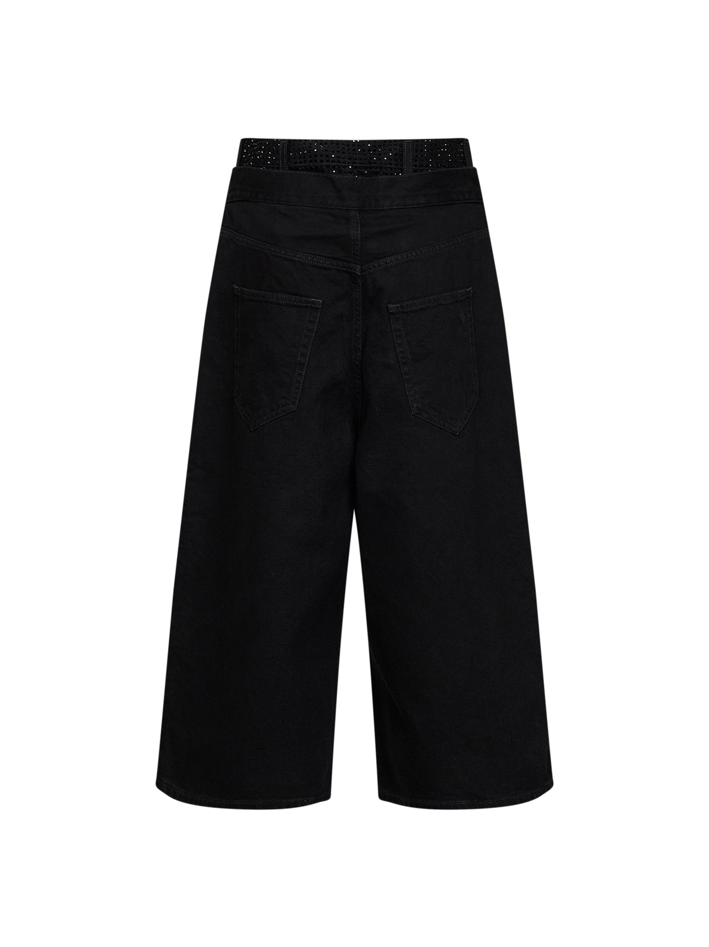 Black cotton denim double waistband cropped jeans