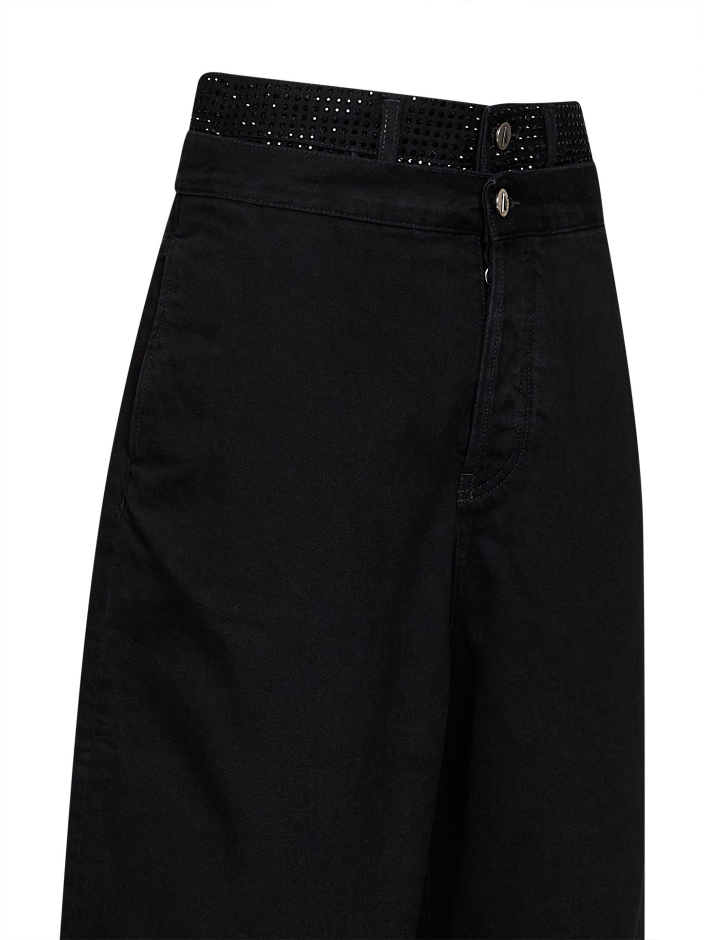 Black cotton denim double waistband cropped jeans