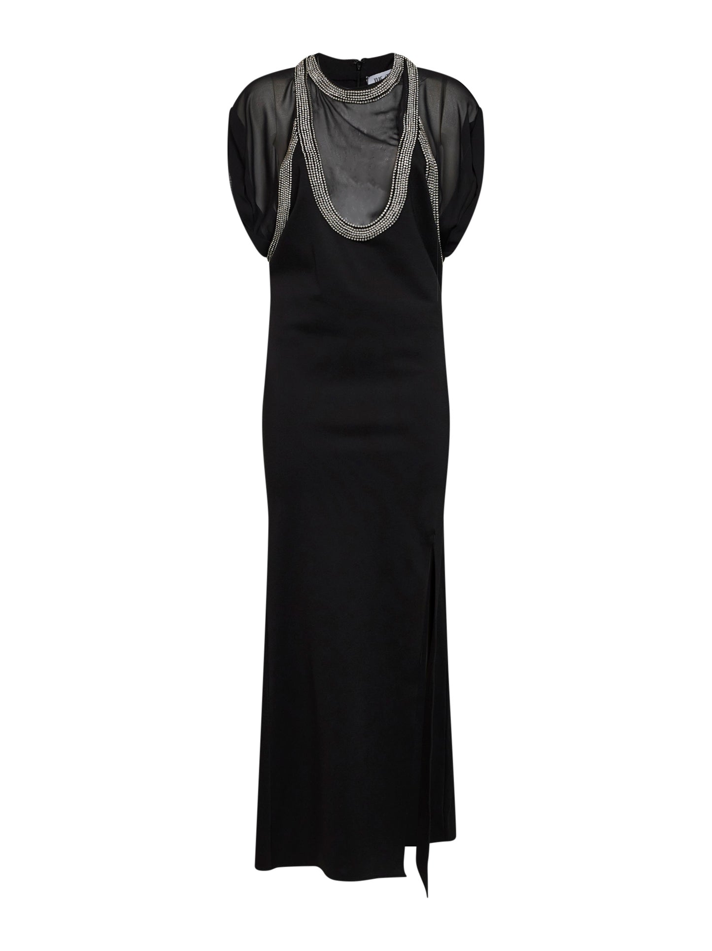 Black stretch crepe layered-effect maxi dress