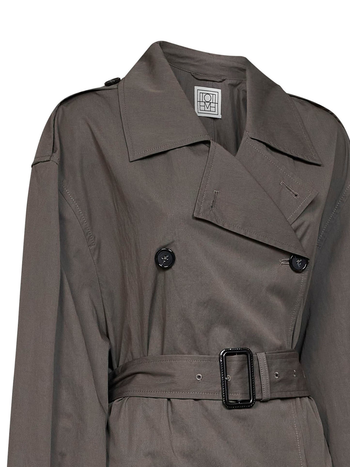 Taupe crisp cotton blend double-breasted trench coat