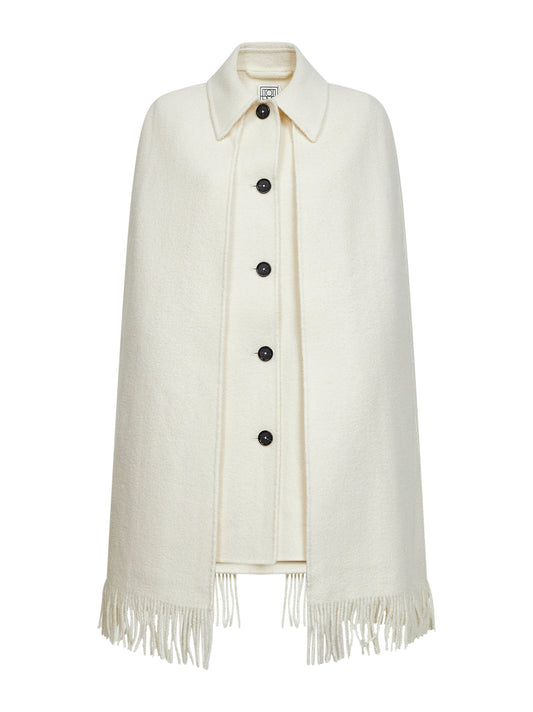 Cappotto a cappa con frange in bouclé bianco<BR/>