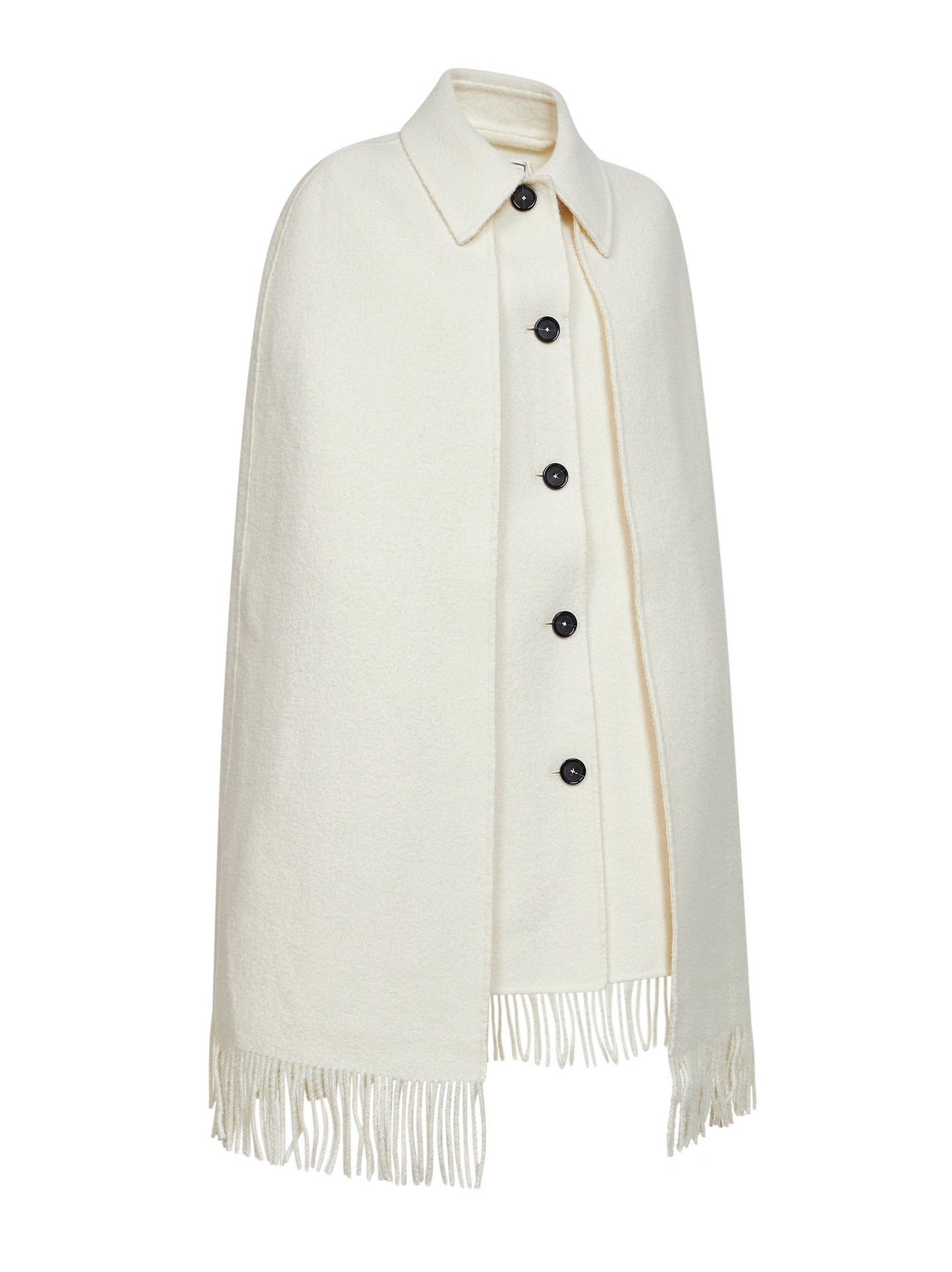 White bouclé fringe cape coat