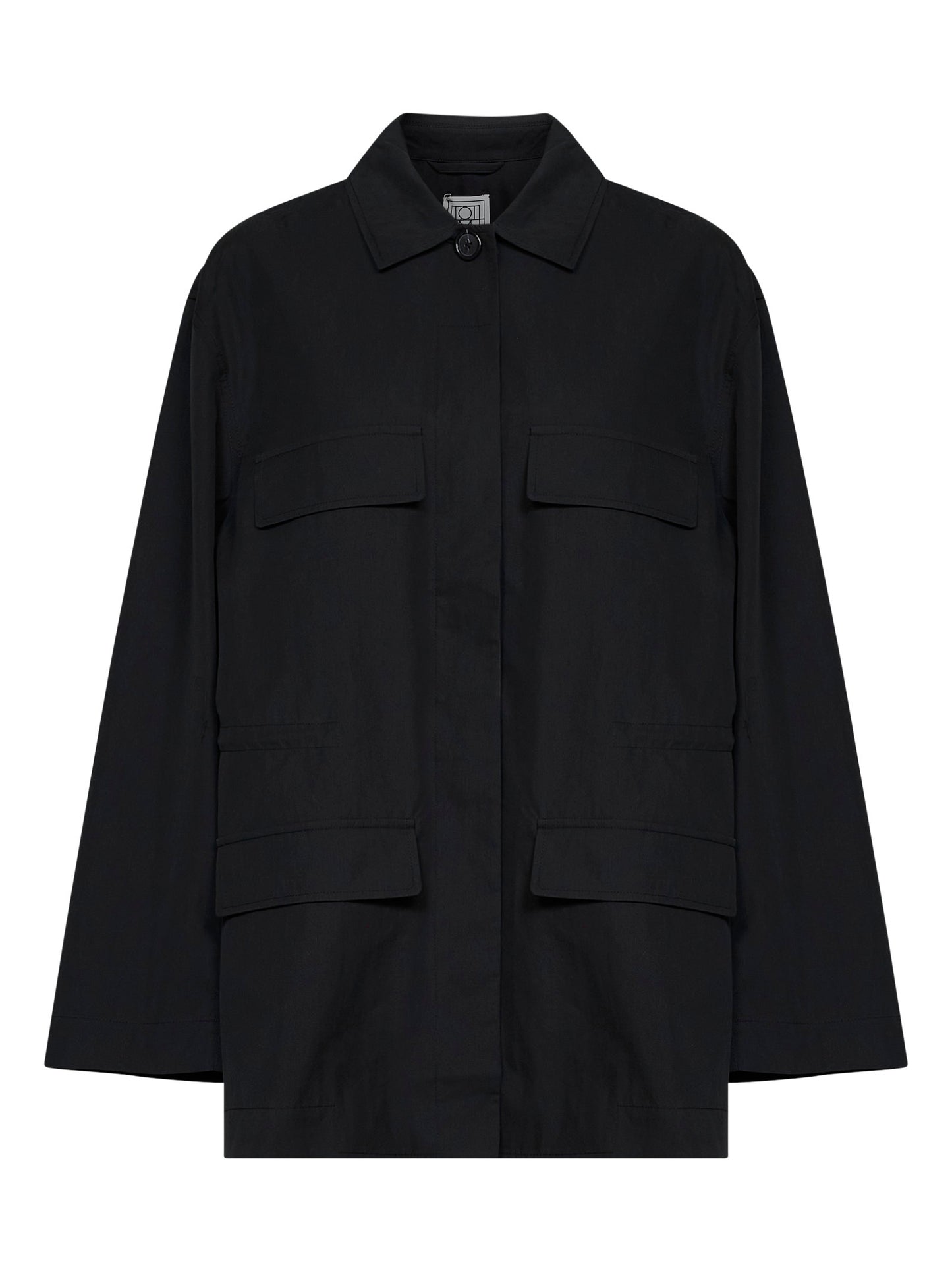 Black cotton blend drawstring utility jacket