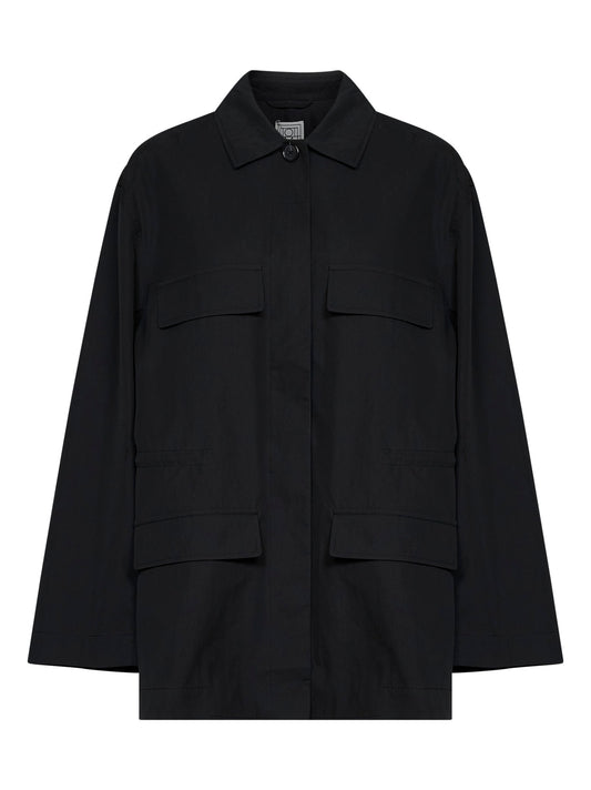 Black cotton blend drawstring utility jacket