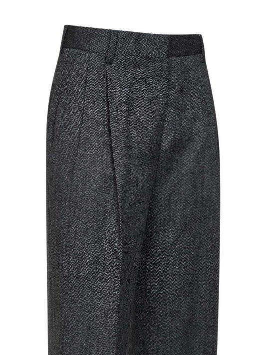 Dark grey mélange wool herringbonedouble-pleat trousers