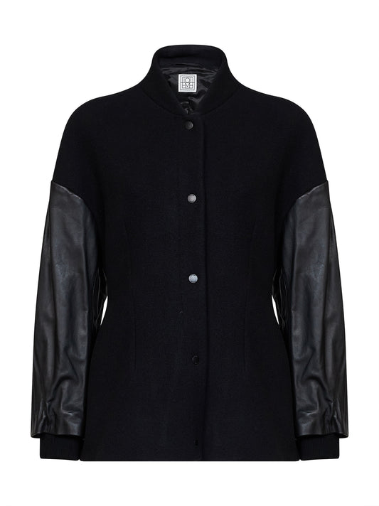 Black wool-blend varsity jacket with leather sleeves