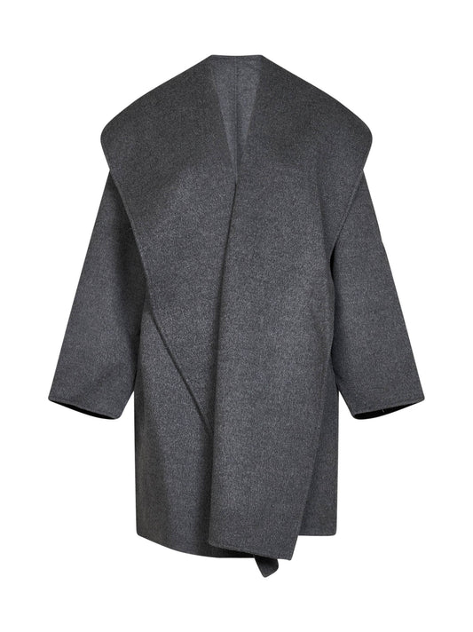Pale grey melange double wool hooded coat