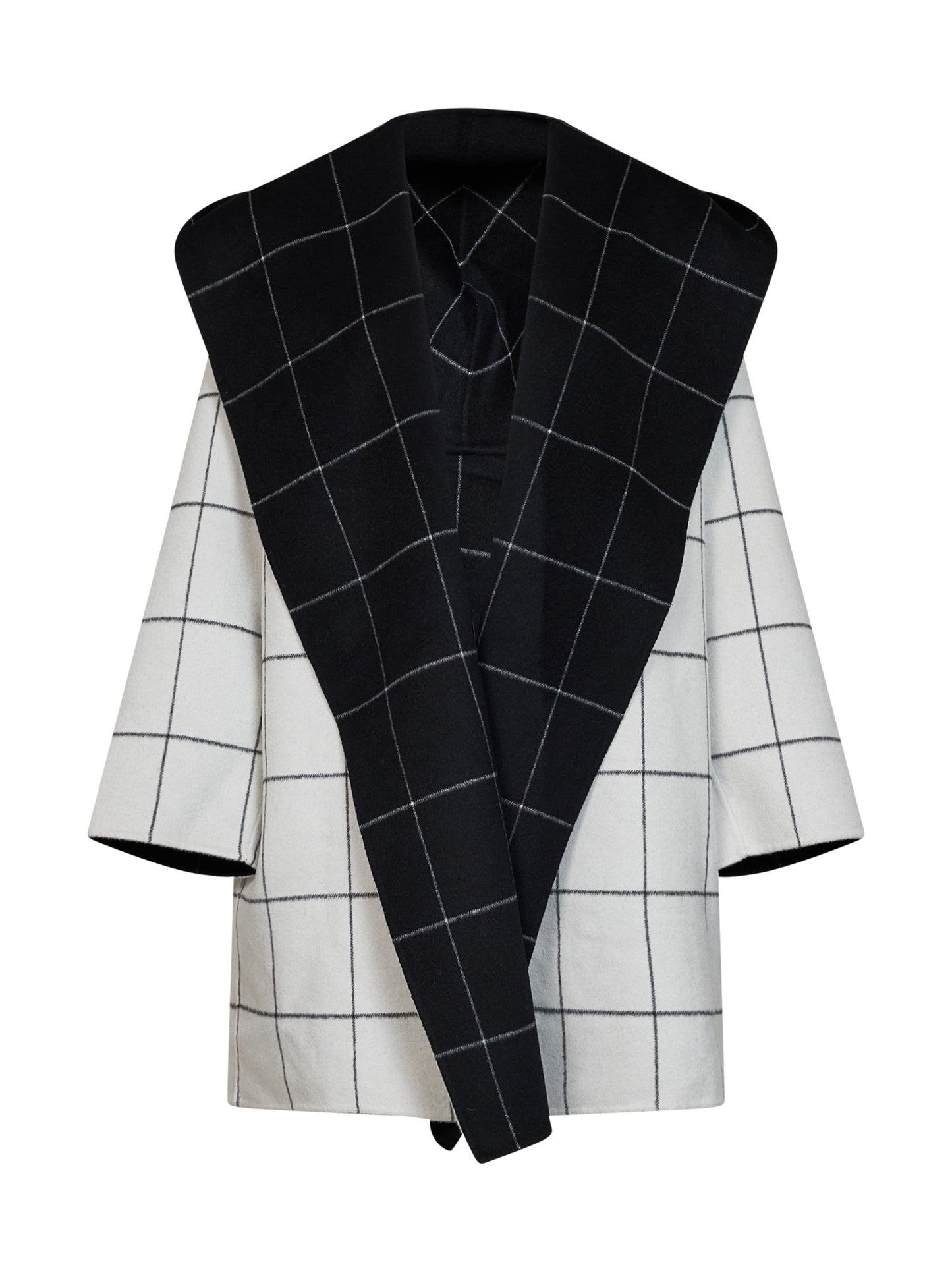 Cappotto con cappuccio in double a quadri bianco e nero