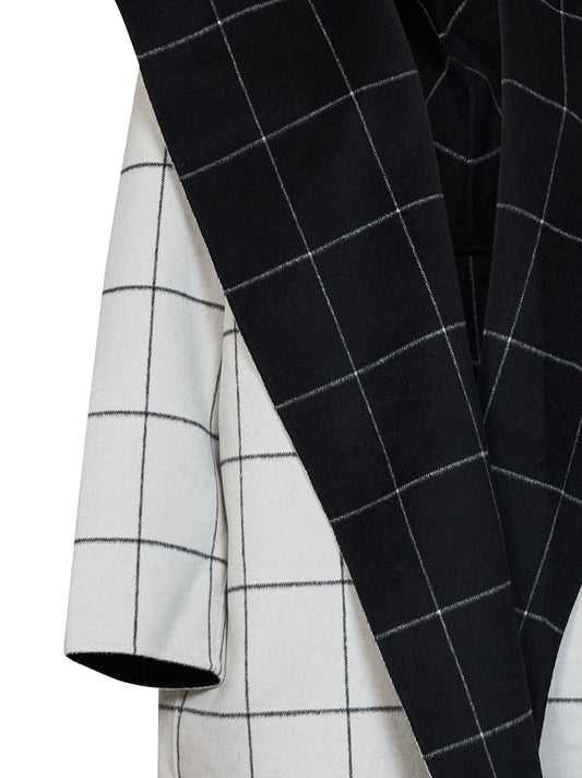 Black and white check double hooded coat