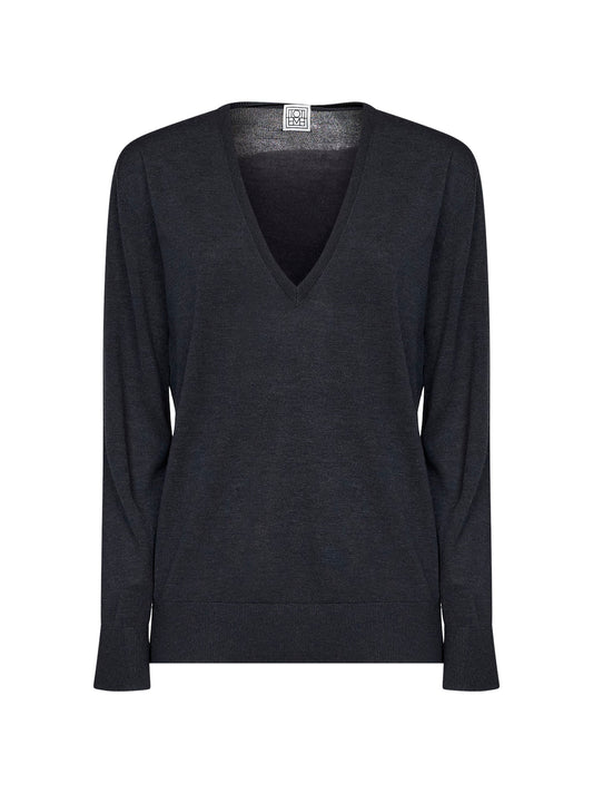 Charcoal melange lyocell and cashmere V-neck sweater