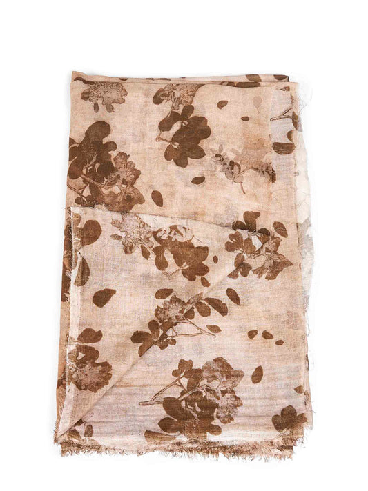 Tan and brown floral-print cotton scarf