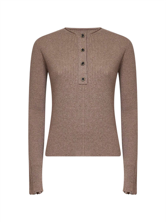 Tan ribbed cashmere knit Henley top