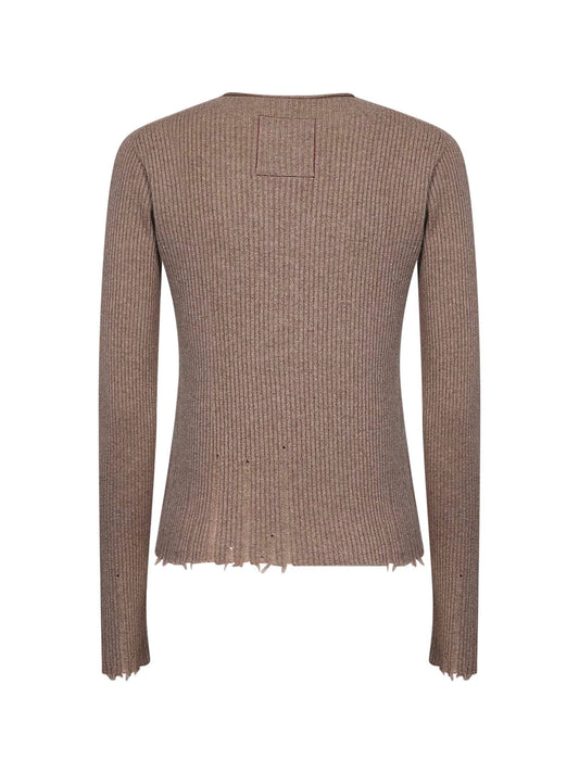 Tan ribbed cashmere knit Henley top
