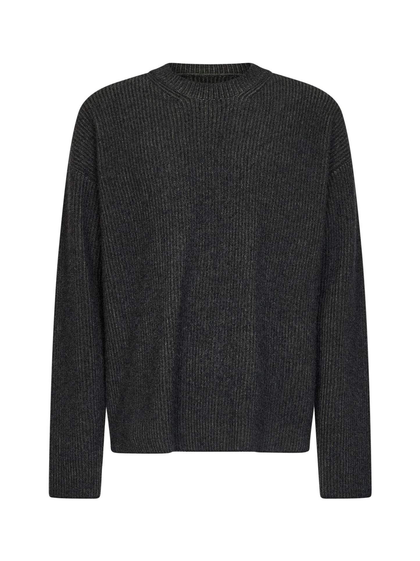 Grey and green ribbed cashmere knit crewneck sweater