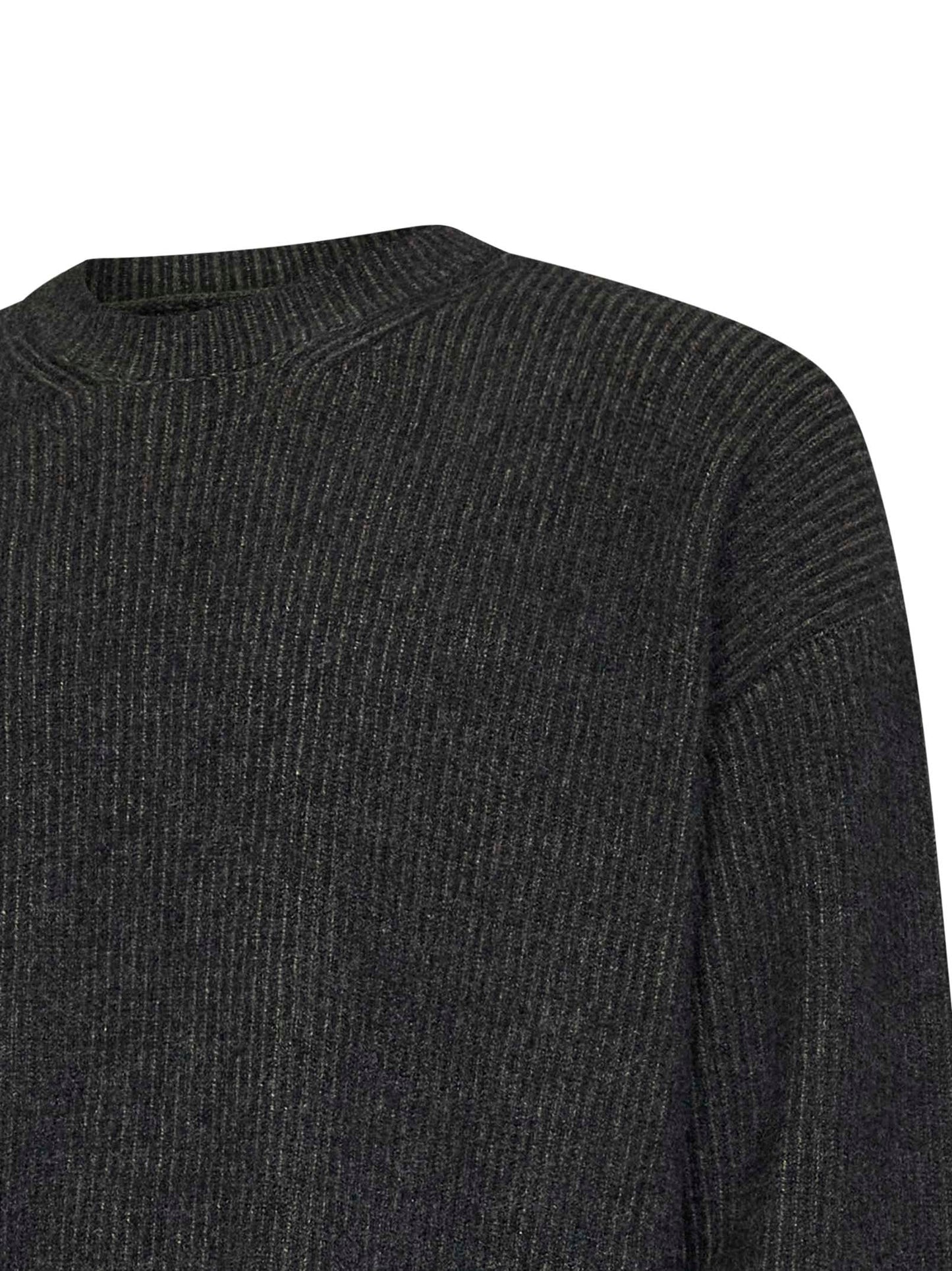 Grey and green ribbed cashmere knit crewneck sweater