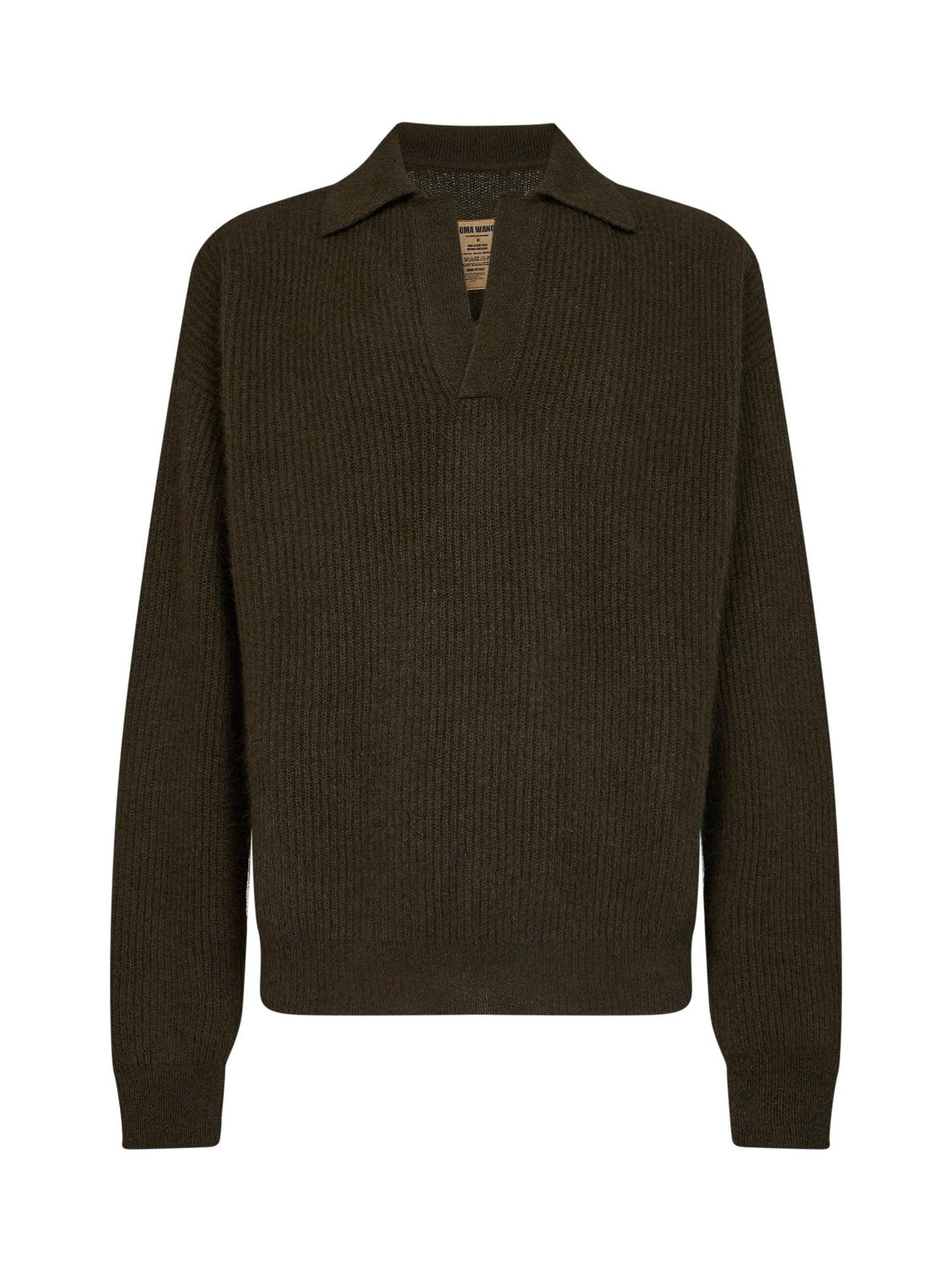 Polo a maniche lunghe in cashmere a coste verde militare