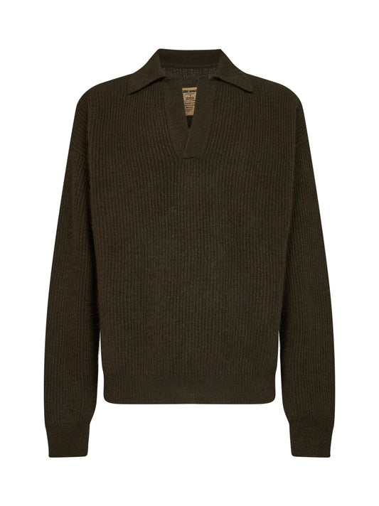 Army green ribbed cashmere knit long-sleeved polo shirt