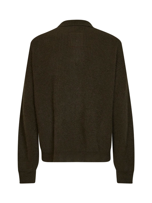 Army green ribbed cashmere knit long-sleeved polo shirt