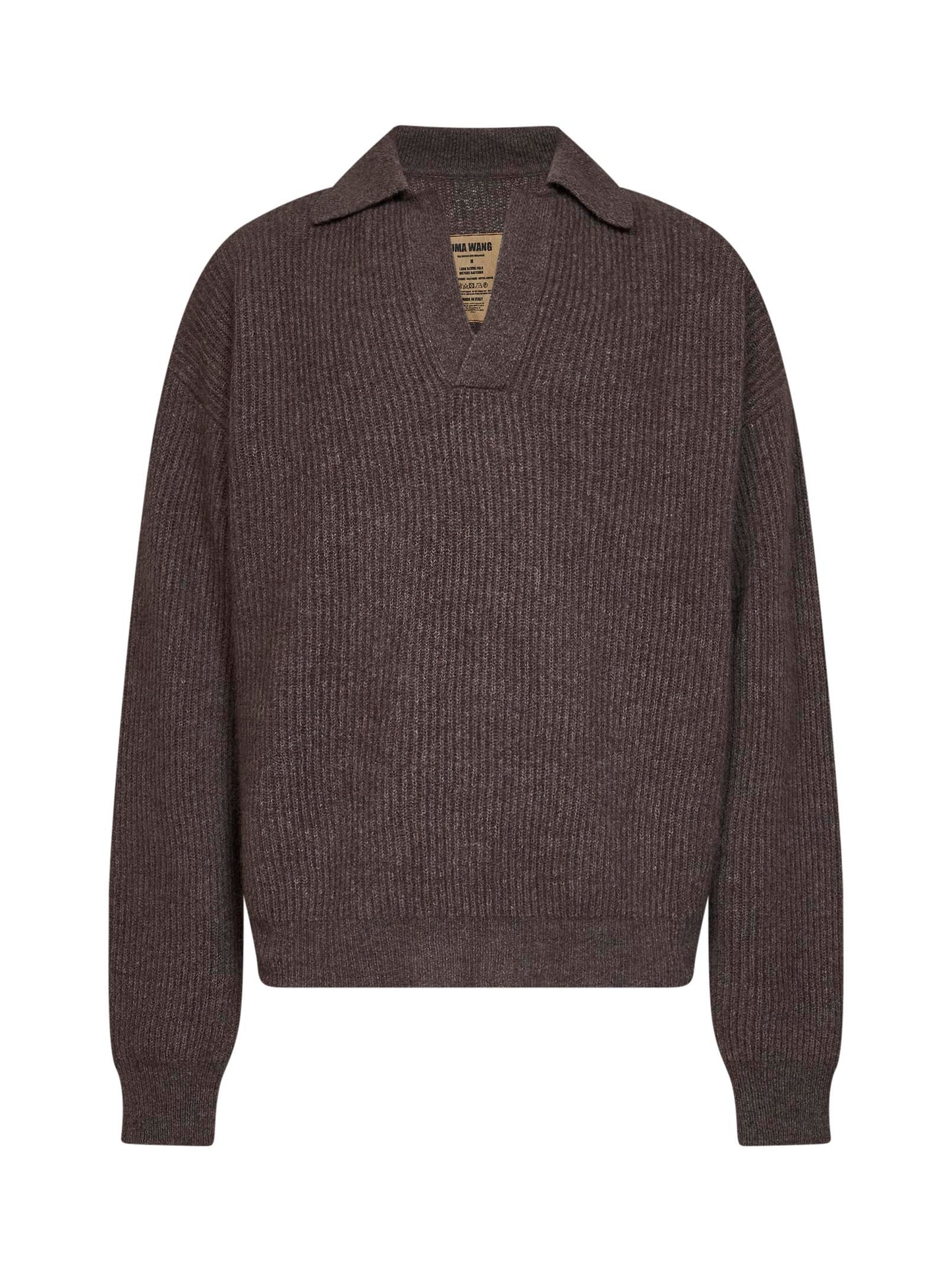 Polo a maniche lunghe in cashmere a coste marrone