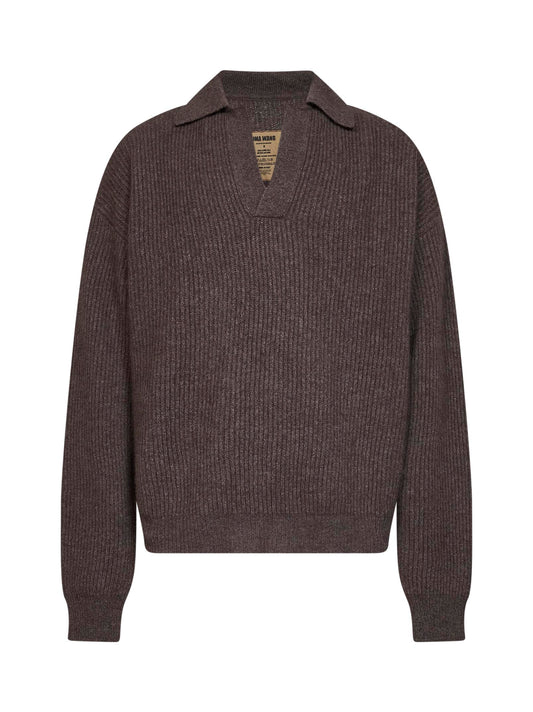 Brown ribbed cashmere knit long-sleeved polo shirt