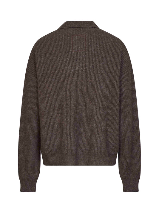 Brown ribbed cashmere knit long-sleeved polo shirt