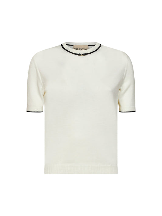 Ivory wool sweater with contrasting edges and VLogo