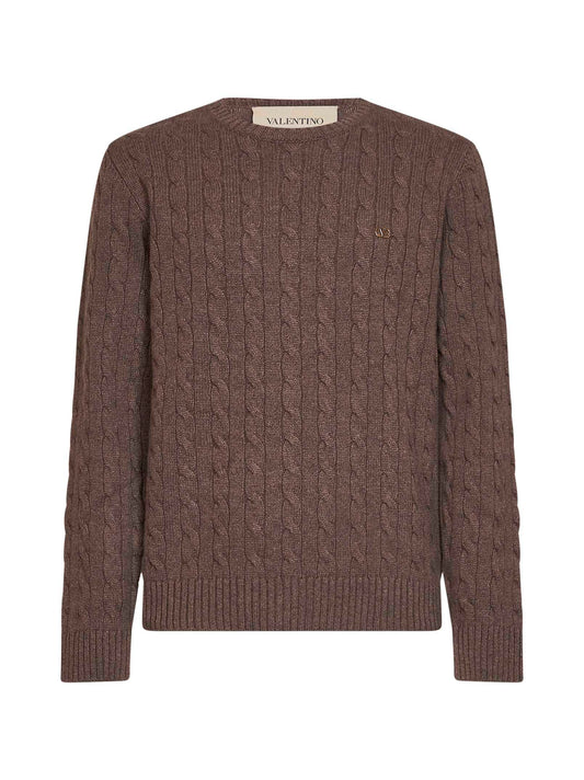 Brown cable-knit cashmere Valentino sweater with VLogo