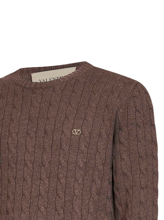 Brown cable-knit cashmere Valentino sweater with VLogo