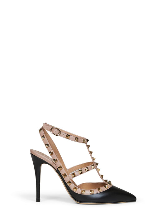Décolleté Rockstud 100mm in pelle nera con cinturini cipria