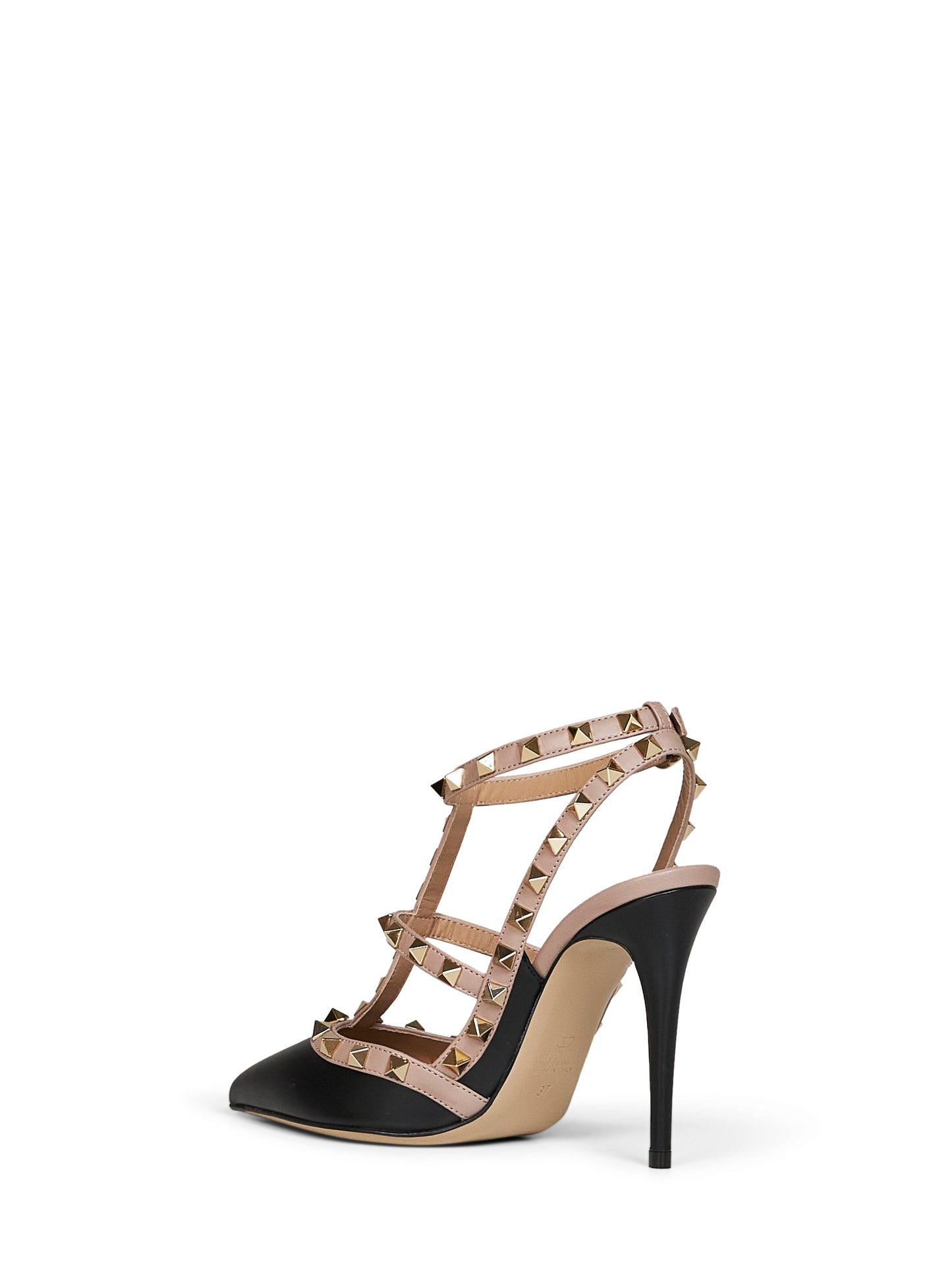 Décolleté Rockstud 100mm in pelle nera con cinturini cipria
