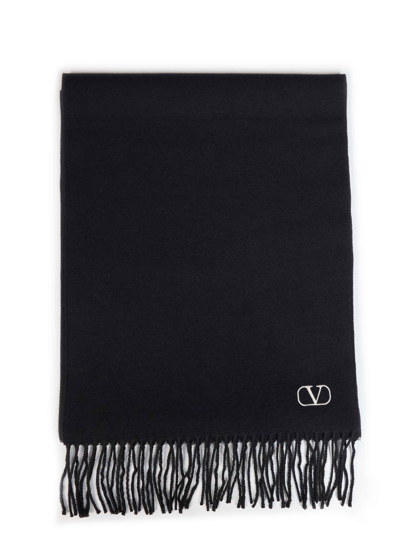 Black virgin wool scarf with VLogo Signature embroidery