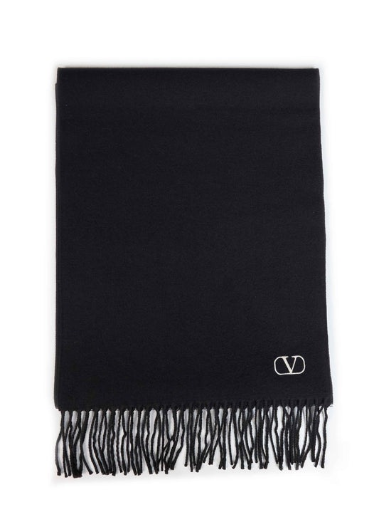 Black virgin wool scarf with VLogo Signature embroidery
