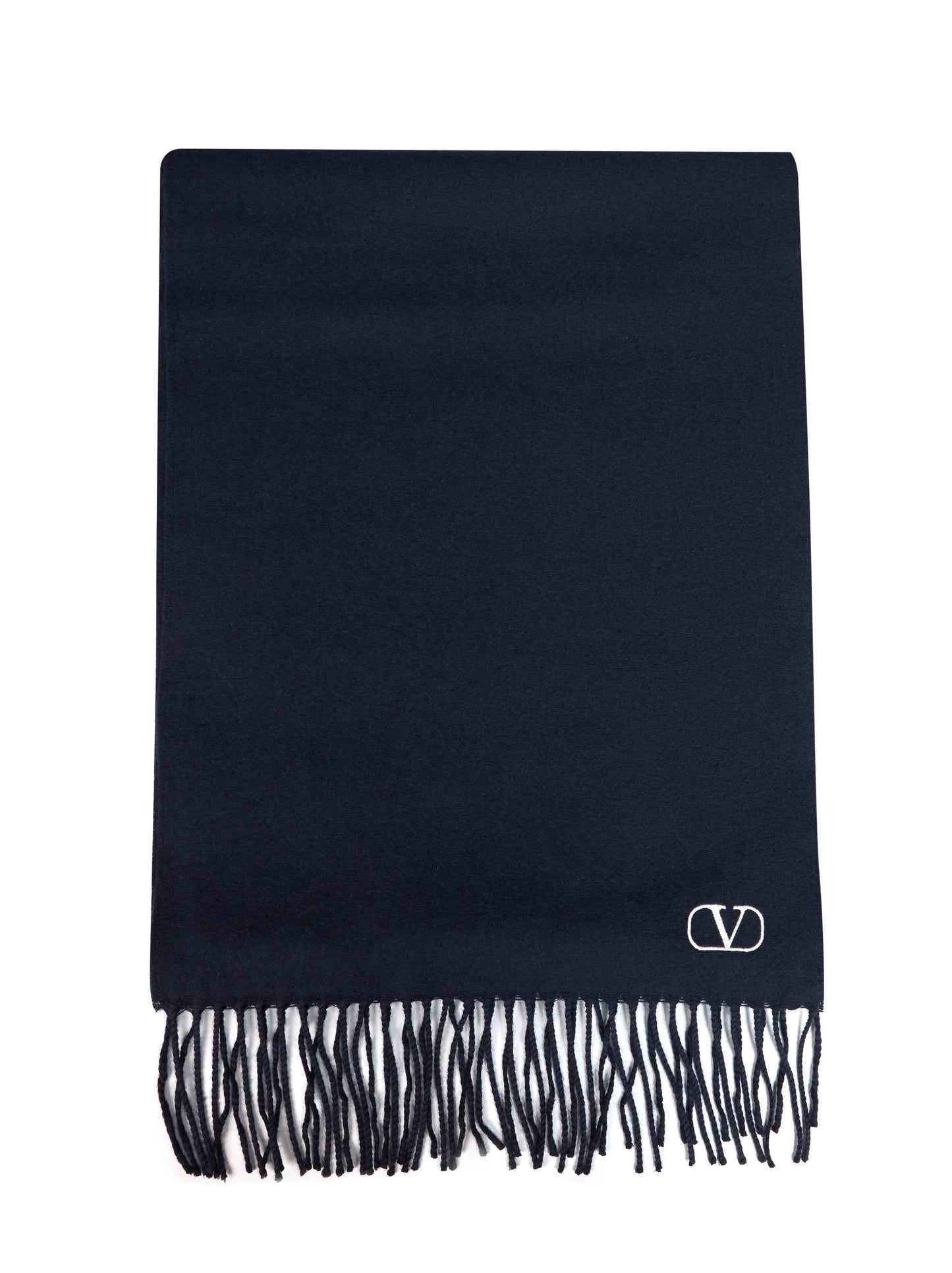 Navy blue virgin wool scarf with VLogo Signature embroidery