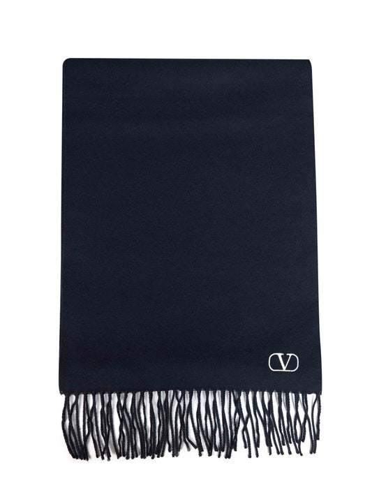 Navy blue virgin wool scarf with VLogo Signature embroidery