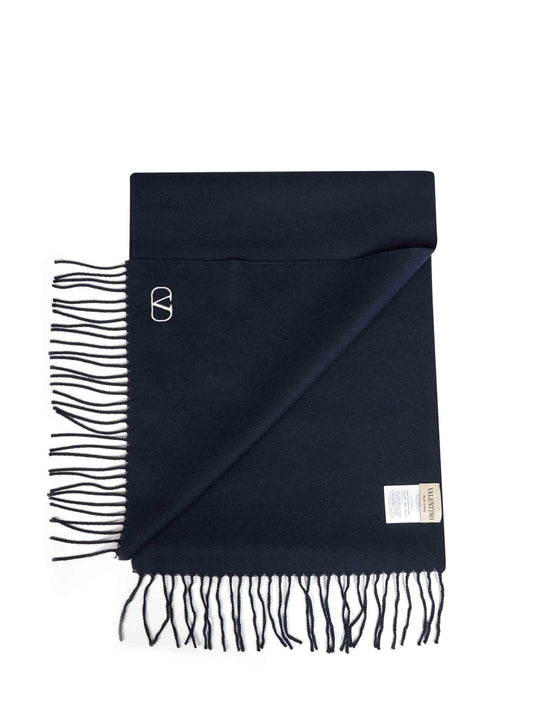 Navy blue virgin wool scarf with VLogo Signature embroidery
