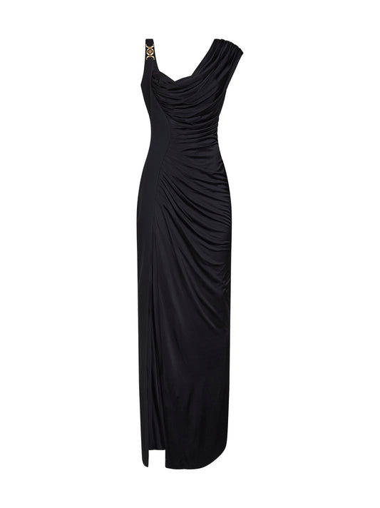 Black liquid jersey draped long dress