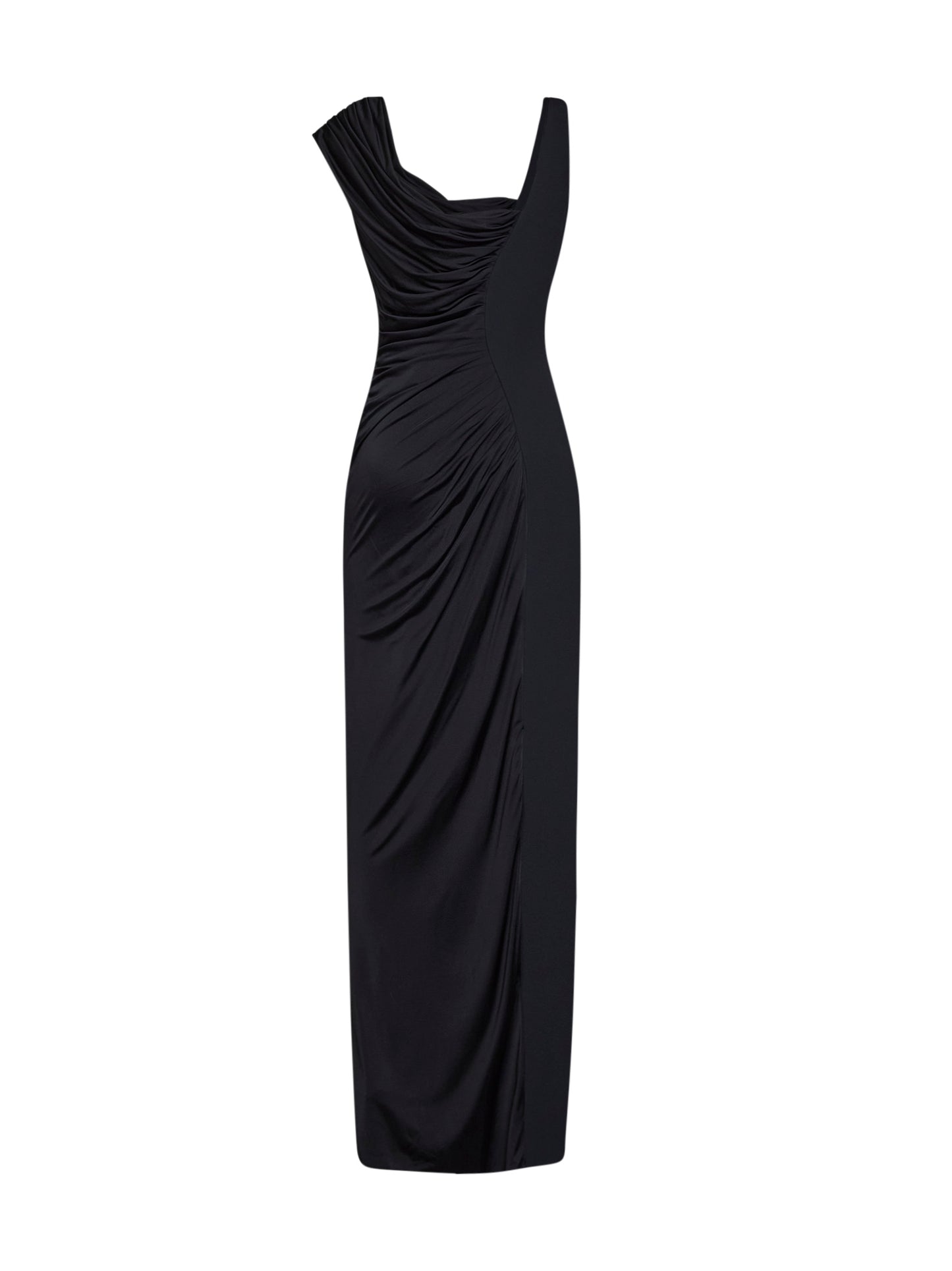 Black liquid jersey draped long dress