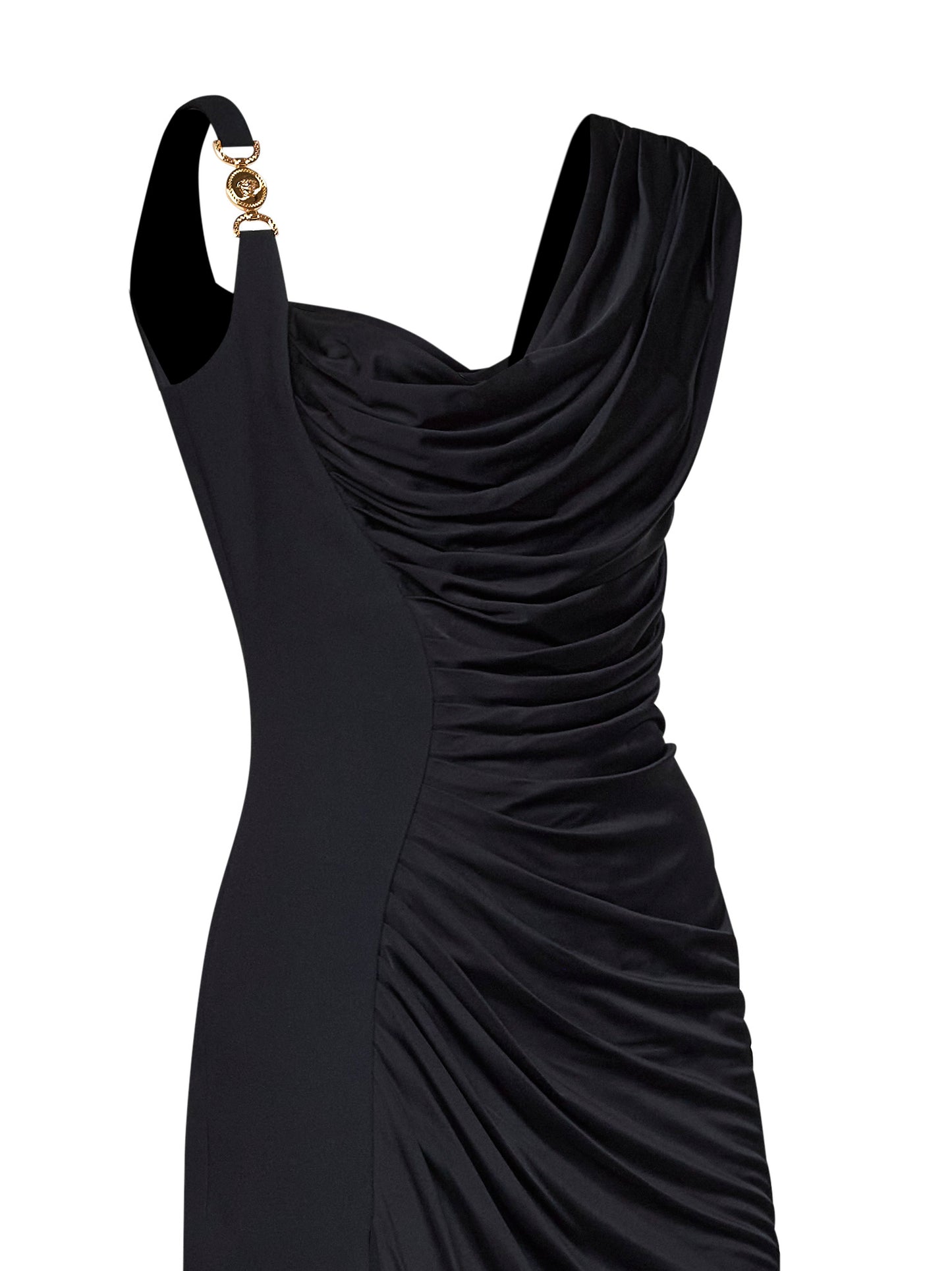 Black liquid jersey draped long dress
