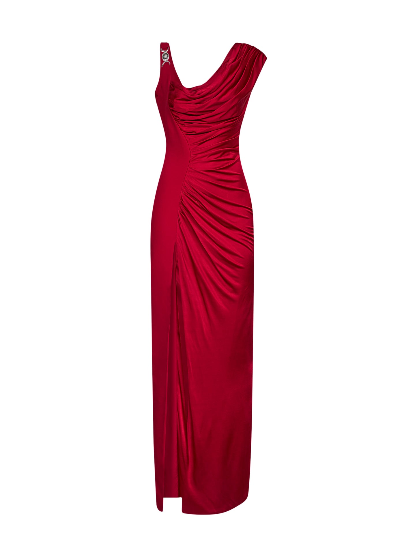 Red liquid jersey draped long dress