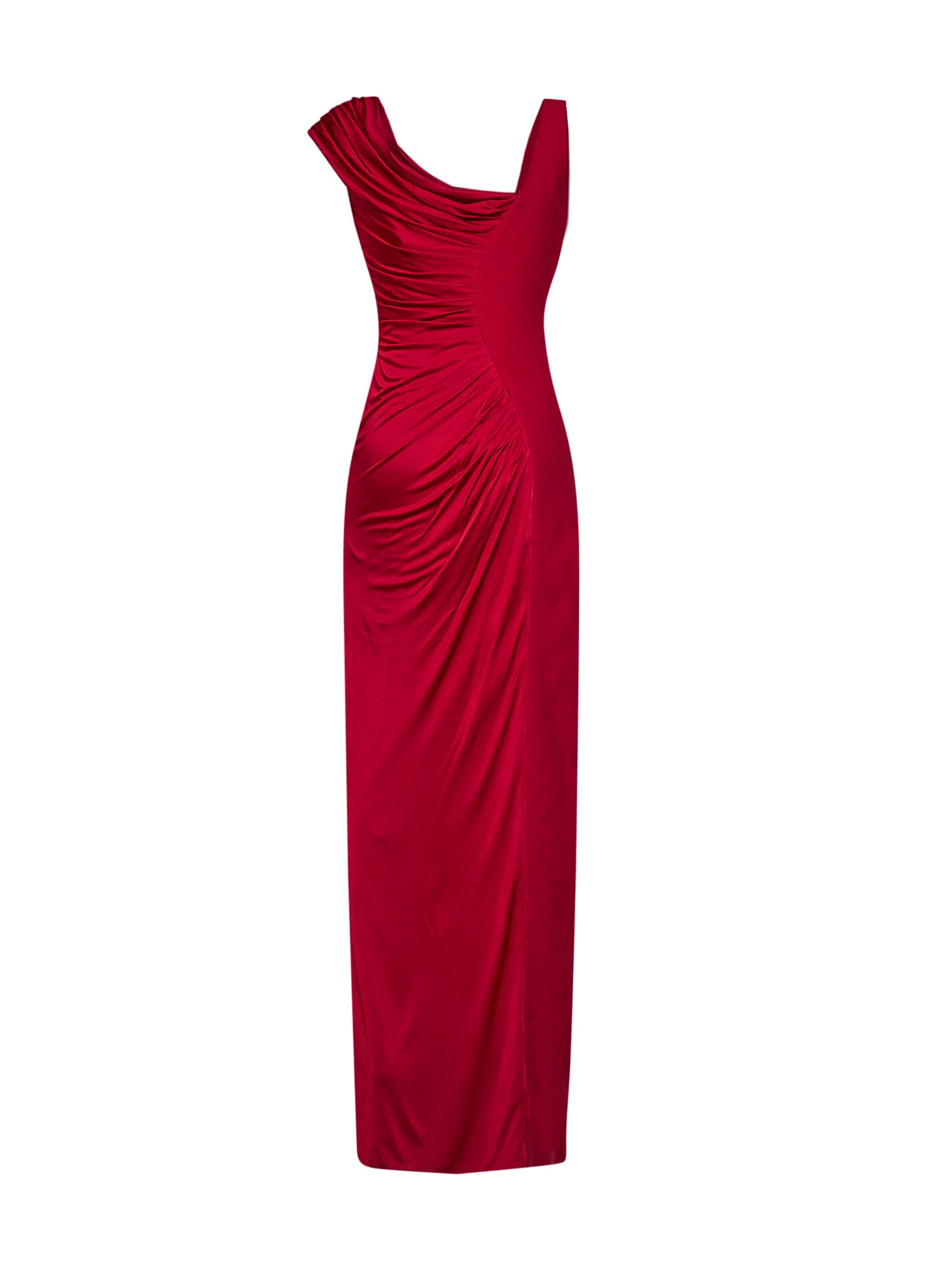 Red liquid jersey draped long dress