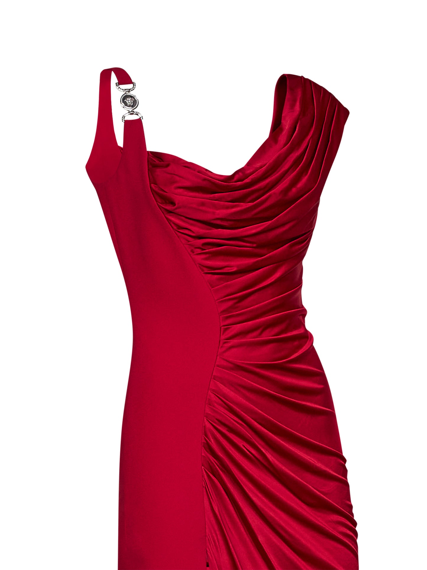 Red liquid jersey draped long dress