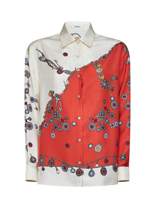 Orange printed silk twill shirt