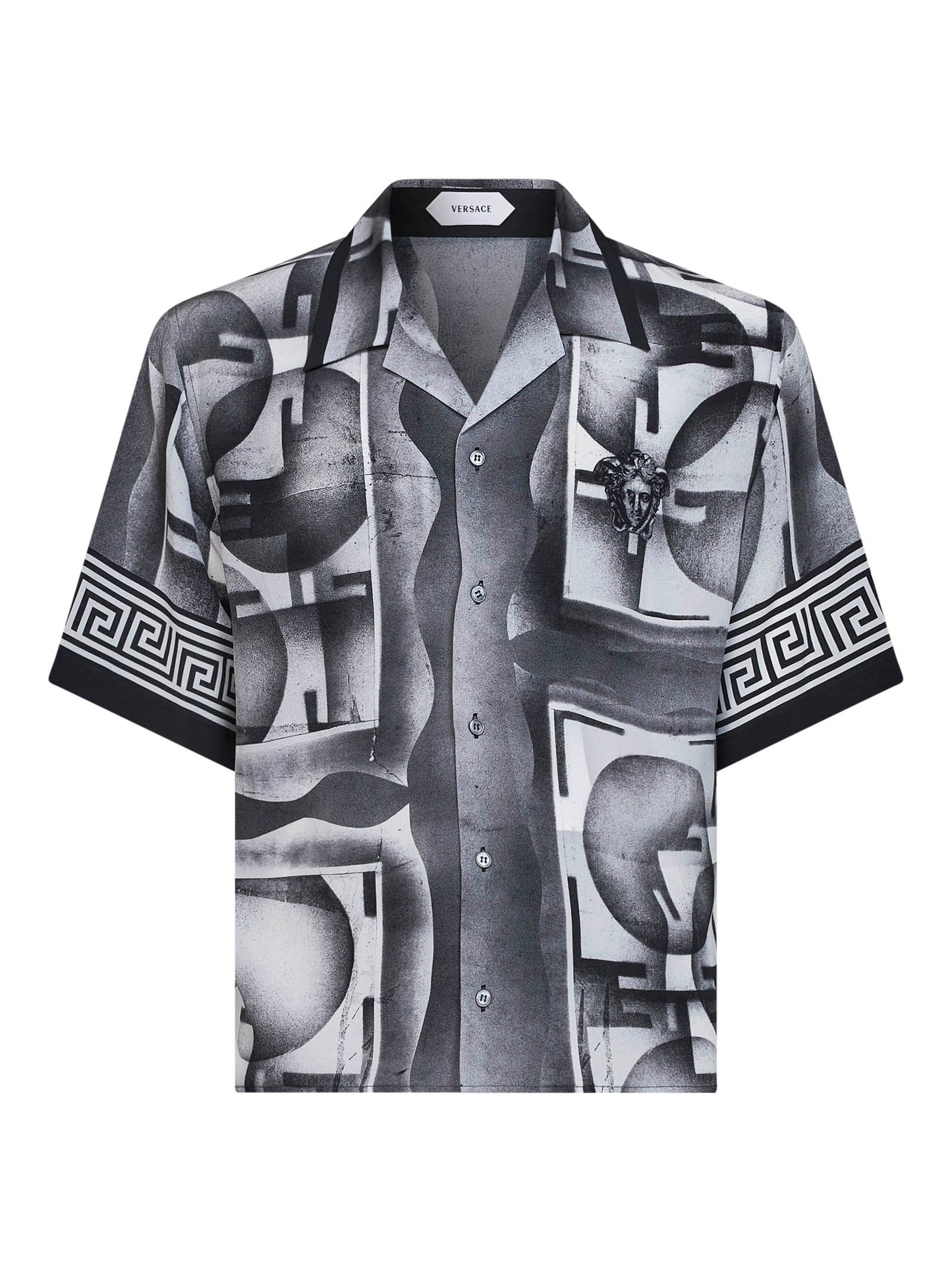 Black and white printed crêpe de chine silk shirt
