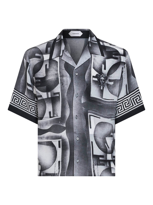 Black and white printed crêpe de chine silk shirt