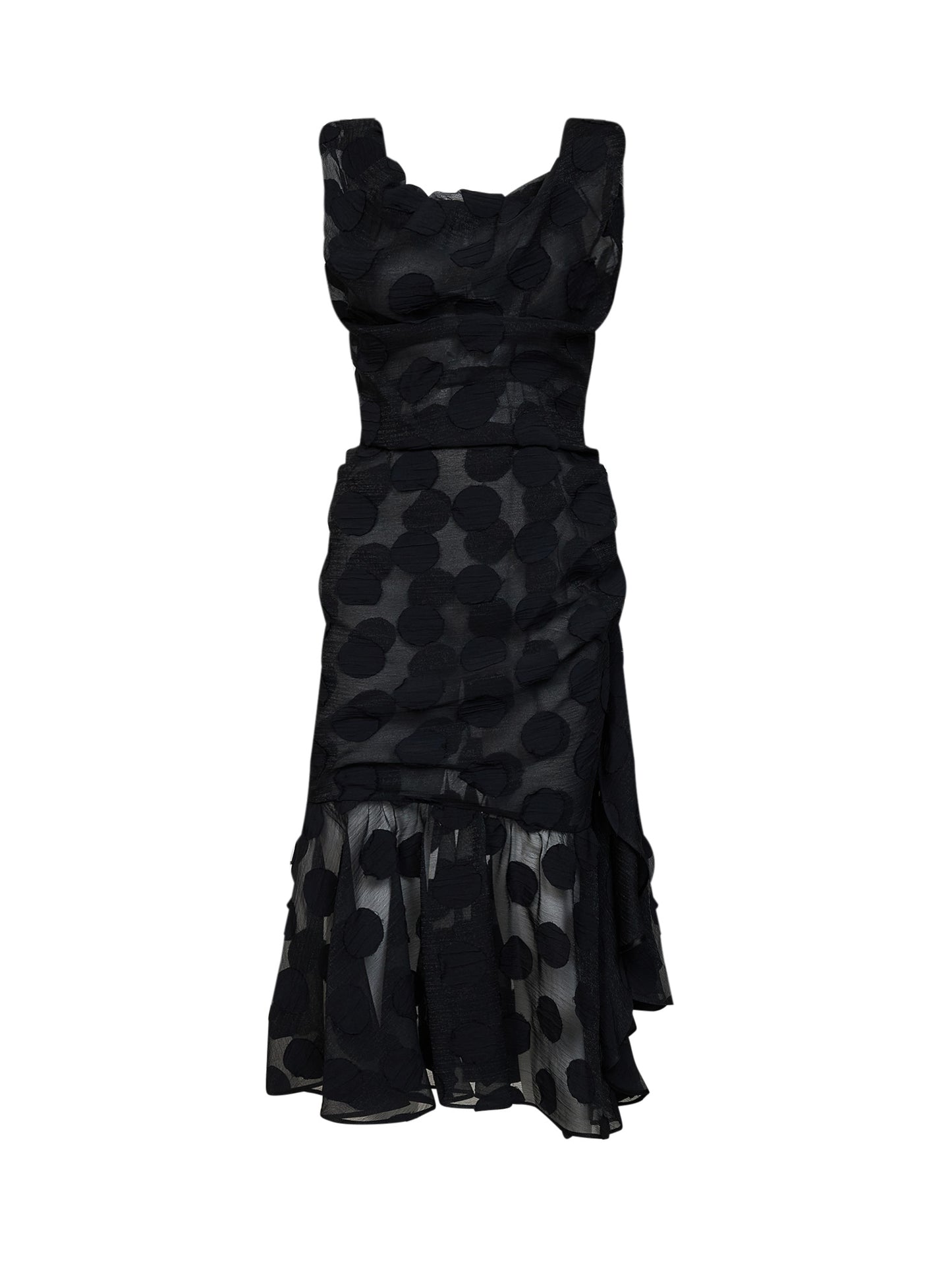 Black polka dot crepe Ginnie Frill midi dress