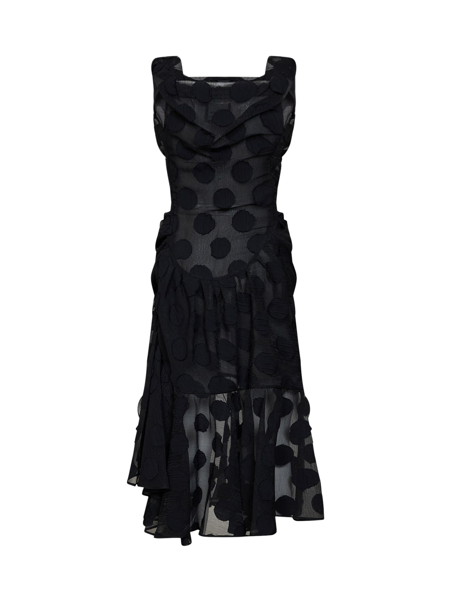 Black polka dot crepe Ginnie Frill midi dress